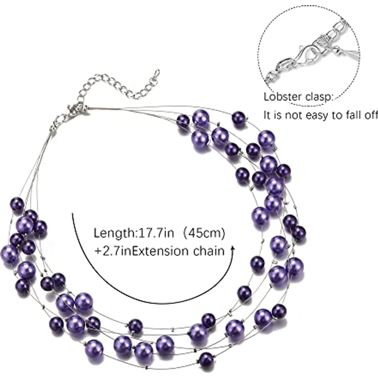 FULU AUTUMN Boho Perlenkette Damen Silber, mehrreihige Statement Kette in Lila, 17" + 2.7" Verlängerung, Geschenkbox – Bild 5