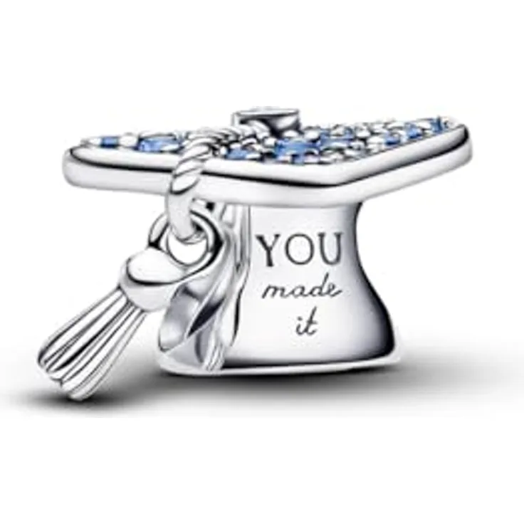 PANDORA Charm Abschlusskappe 2026, 925 Sterling Silber mit blauem Kristall und Cubic Zirkonia, Gravur "Congrats You made it", bewegliche Quaste, kompatibel mit Moments, 794461C01