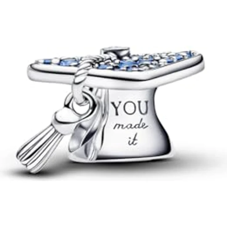 PANDORA Charm Abschlusskappe 2026, 925 Sterling Silber mit blauem Kristall und Cubic Zirkonia, Gravur "Congrats You made it", bewegliche Quaste, kompatibel mit Moments, 794461C01 – Bild 1