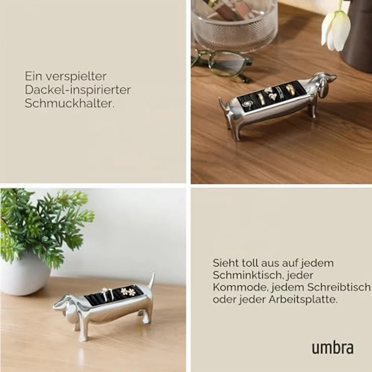 Umbra Dachsie Ringhalter Schmuckaufbewahrung für bis zu 10 Ringe, Chrom, niedliches Dackeldesign mit Ringpolsterung – Bild 4