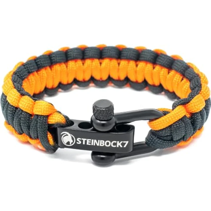 Steinbock7 Paracord Armband Herren Survival – Robustes Outdoor Armband mit Edelstahlverschluss, verstellbar, schwarz-orange für Camping und Bushcraft Abenteuer – Bild 1