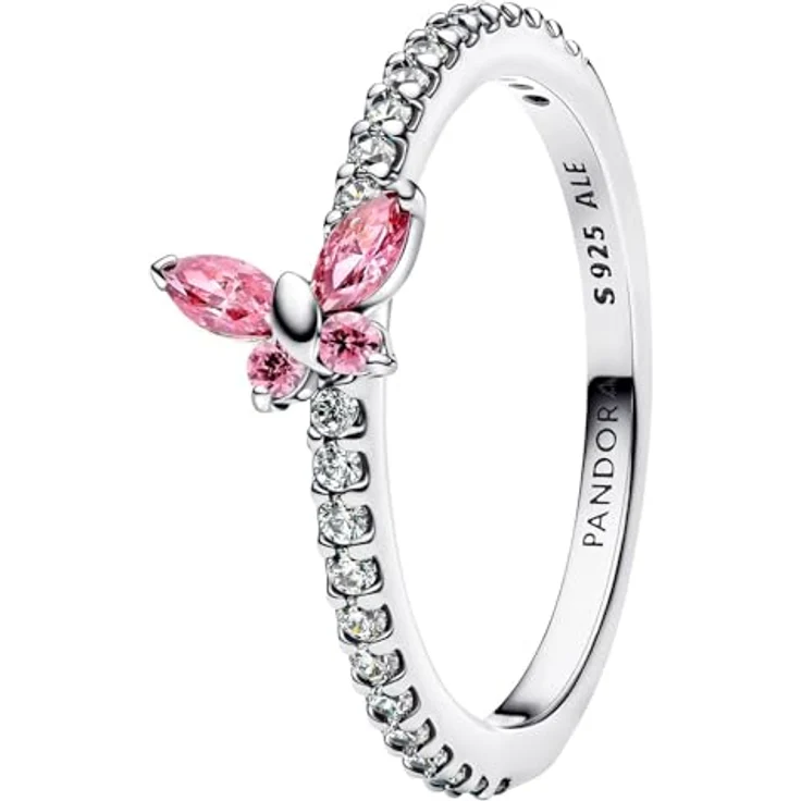 PANDORA Damenring Silber Funkelnder Schmetterling mit Zirkonia und Kristall, Ringgröße 60/19,1, Pink