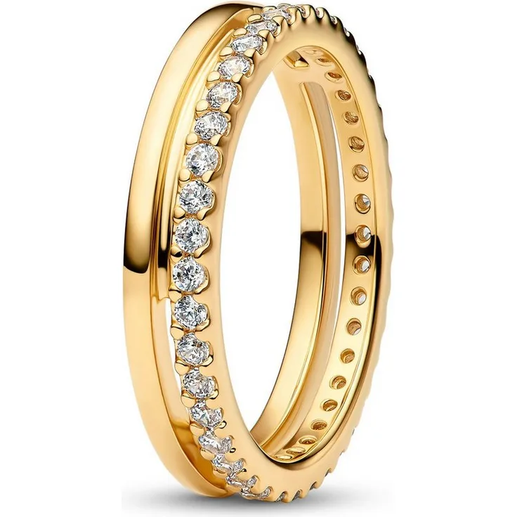 Pandora Fingerring Damen, Doppelband Goldfarben mit Zirkonia aus der Timeless Kollektion, 4 mm Breite