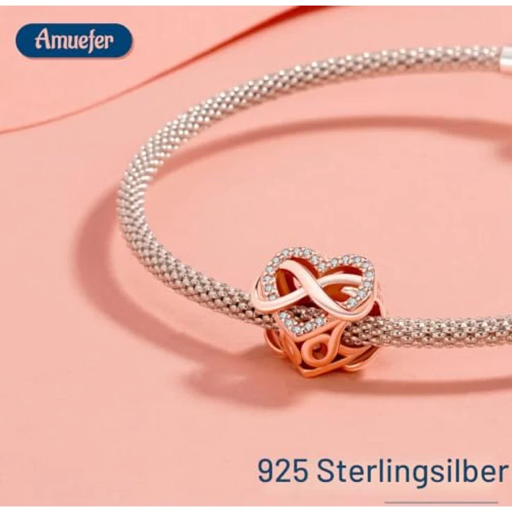 Amuefer Infinity Heart Charm Sparkling Armband, 925 Sterling Silber, Rose Gold mit Cubic Zirkonia Perlen, kompatibel mit europäischen Armbändern – Bild 2