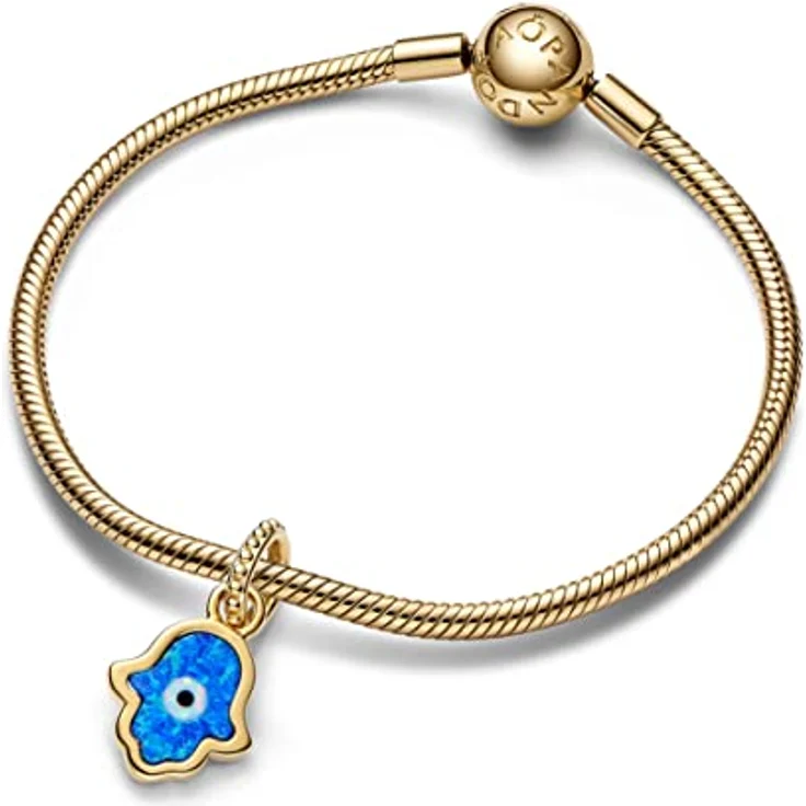 PANDORA Moments Schillernde Blaue Hand der Fatima Charm-Anhänger, 14 Karat vergoldete Metalllegierung, mit tiefblauem Opal, kompatibel mit ME Armbändern, 762699C01 – Bild 4