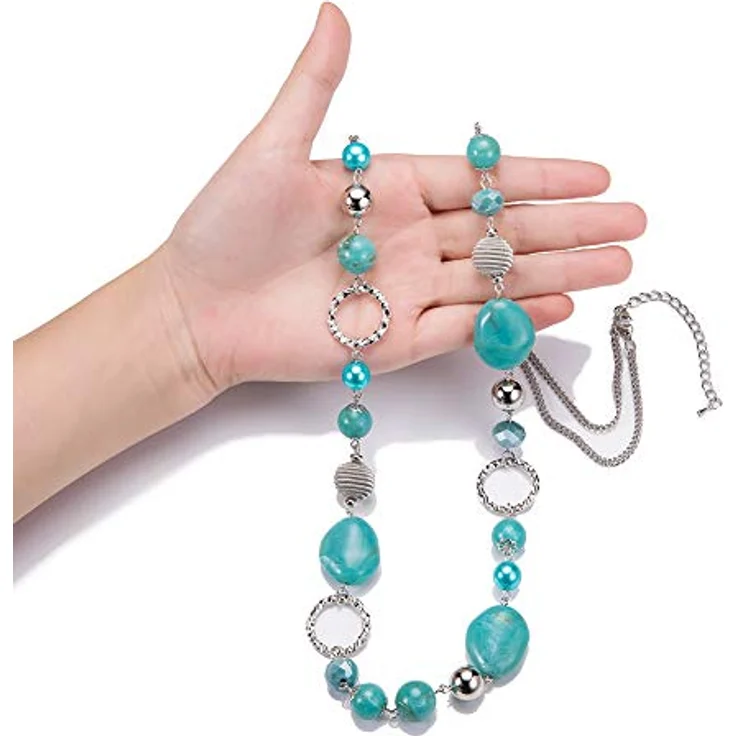 Bulinlin Damen Lange Perlenkette Boho Silber Metall mit Glaskristallperlen, turquoise, 35 Zoll plus 3 Zoll Verlängerung – Bild 2