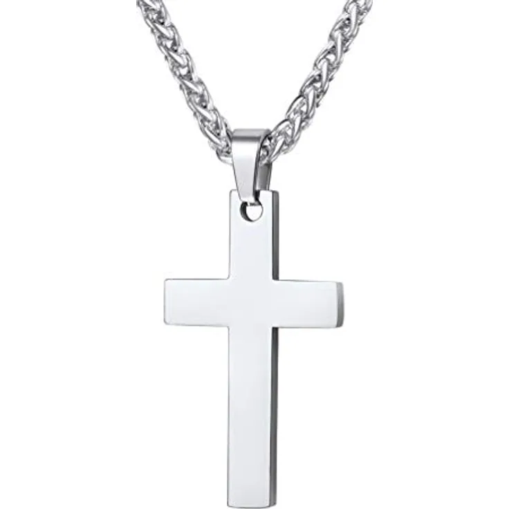 PROSTEEL Edelstahl Kreuz Kette, Halskette mit Kreuz Anhänger, 55cm verstellbar in Silber, robust und hautverträglich, 43mm x 20mm
