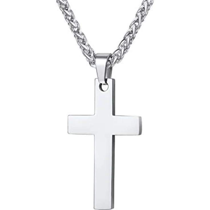 PROSTEEL Edelstahl Kreuz Kette, Halskette mit Kreuz Anhänger, 55cm verstellbar in Silber, robust und hautverträglich, 43mm x 20mm – Bild 1