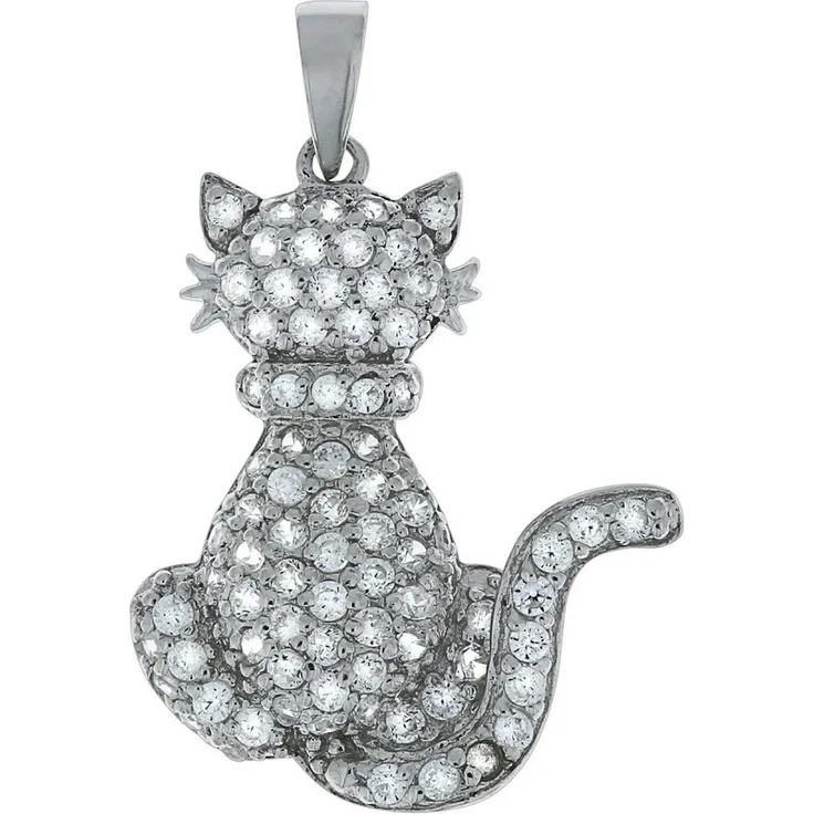Vivance Kettenanhänger Katze, 925 Sterling Silber rhodiniert mit 80 weißen Zirkonia Steinen, 3,0 cm