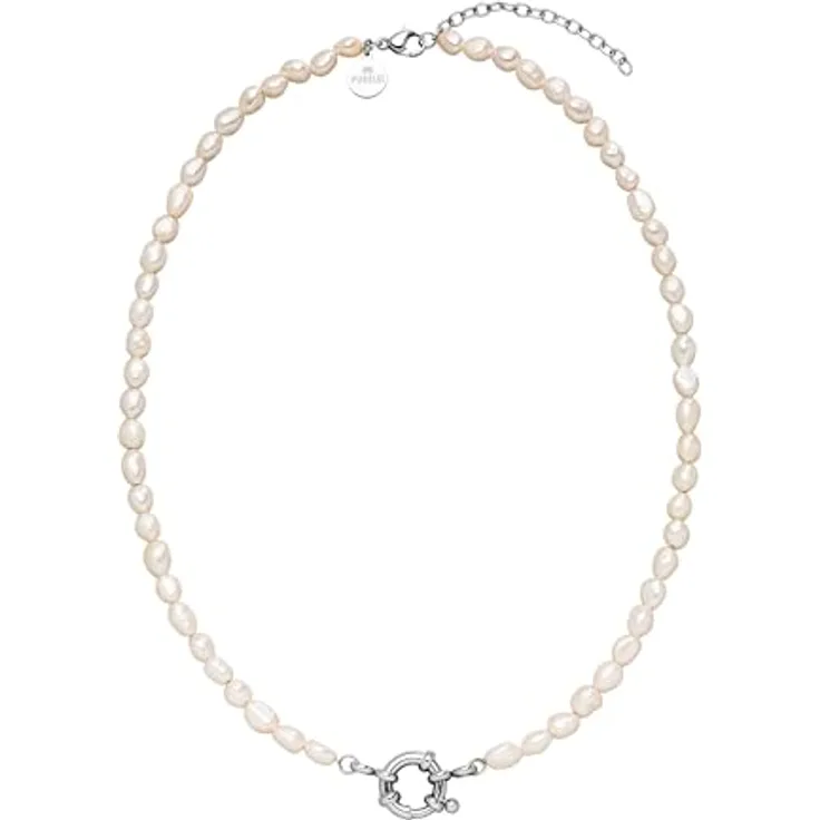 Purelei Pearl Charm Halskette, elegante Kette mit Süßwasserperlen und Charm-Öse, Edelstahl 18K vergoldet (Silber)