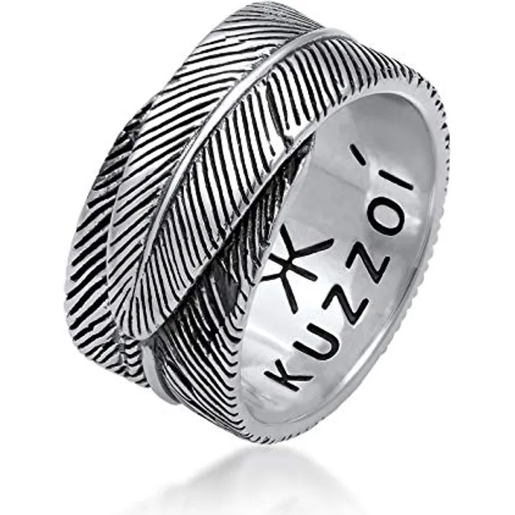 Kuzzoi Herrenring Bandring im Feder Design schwarz oxidiert, 14mm, 925 Sterling Silber, Vintage Look, Ringgröße 62