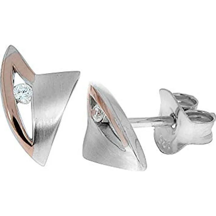 Zeeme Paar Ohrstecker Silber 925, zweifarbig mit weißen Zirkonia-Steinen, 6mm Länge, glänzende Oberflächenoptik