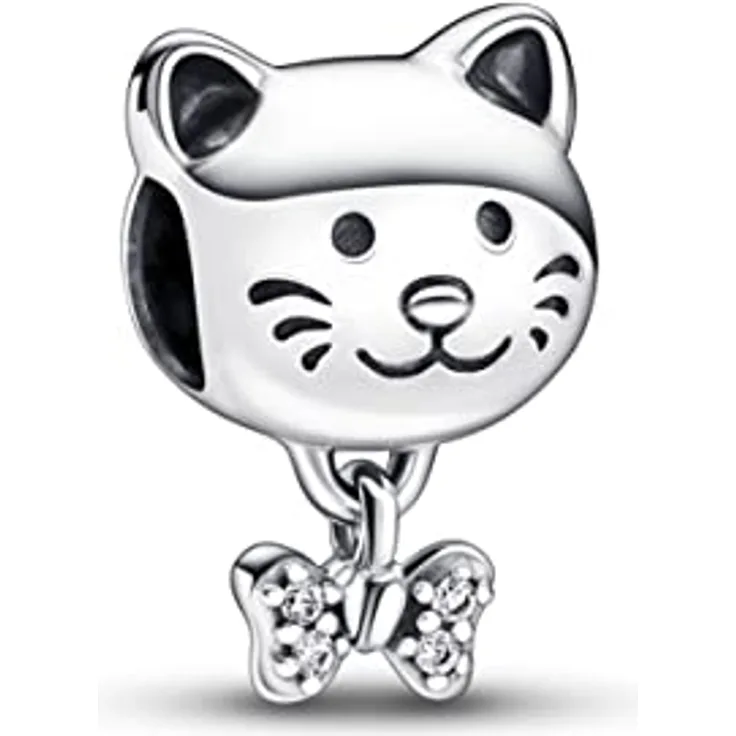 PANDORA Katze & Schleife Charm, Sterling Silber mit Zirkonia, kompatibel mit PANDORA Moments Armbändern