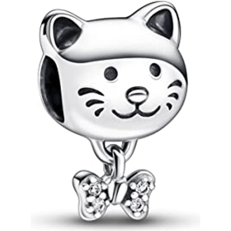 PANDORA Katze & Schleife Charm, Sterling Silber mit Zirkonia, kompatibel mit PANDORA Moments Armbändern – Bild 1