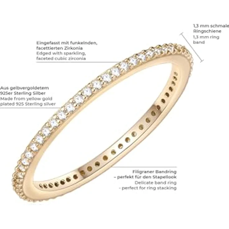 GLANZSTÜCKE MÜNCHEN Damen-Ring Memory Ring aus gelbvergoldetem Sterling Silber mit weißen Zirkonia, filigran, in Schmuckbox – Bild 2
