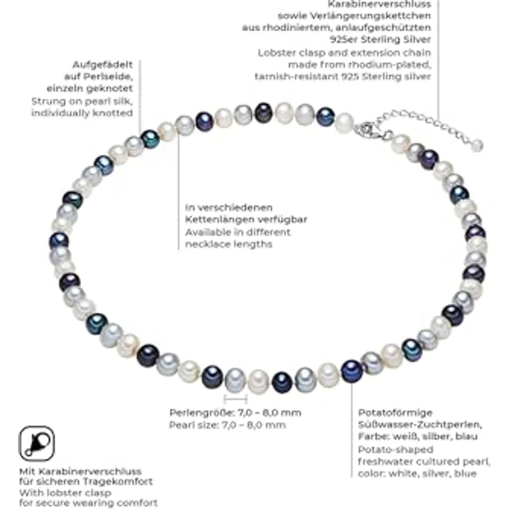 Valero Pearls Damen Perlenhalskette, Süßwasser-Zuchtperlen 7-8 mm Potato in Weiß/Silber/Blau, 925 Sterling Silber, geknotet, Multicolor – Bild 2
