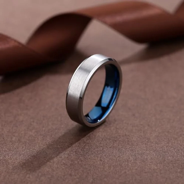 083BASE Wolfram Ring Schwarz/Silberblau, Gebürstetes Metall-Design mit Schräge Kanten, Unisex, 4mm/6mm/8mm Breite, Hochwertige Geschenkbox – Bild 3
