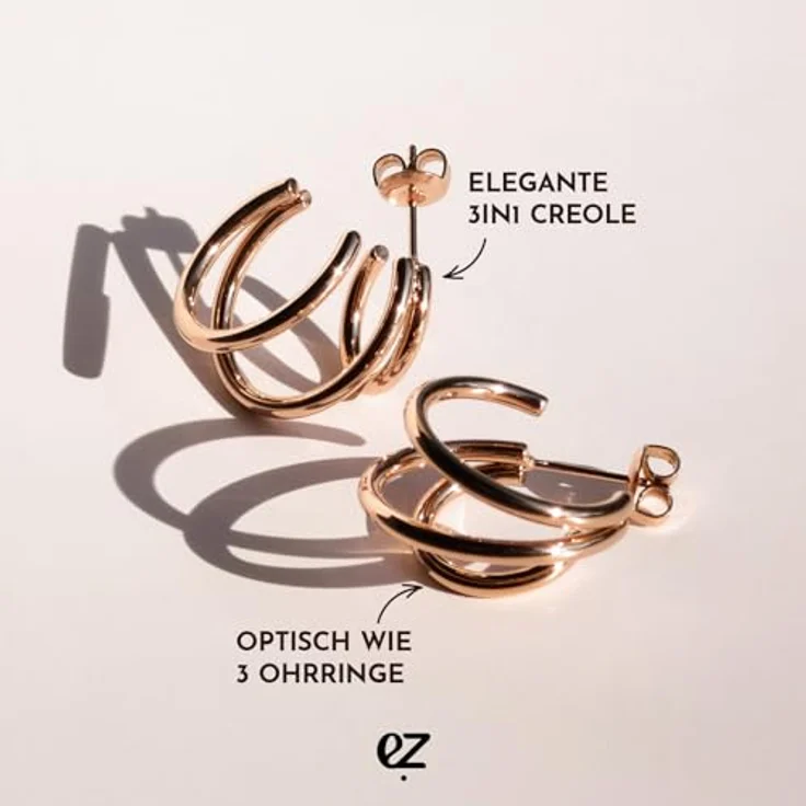 Echtzeit Creole Modern Lines, 3in1-Ohrringe aus Edelstahl mit 14K Vergoldung, wasserfest & hautfreundlich, roségold, 2,2 cm – Bild 3