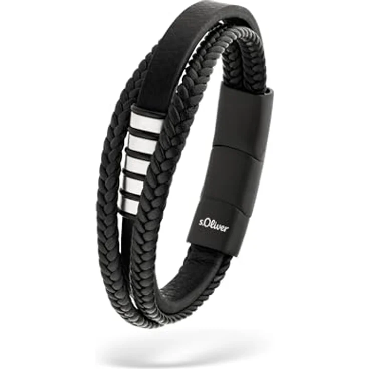 s.Oliver Herren Bracelet, Armband aus Echtleder in Schwarz, verstellbar bis 22 cm, wasserfest & hautfreundlich – Bild 1