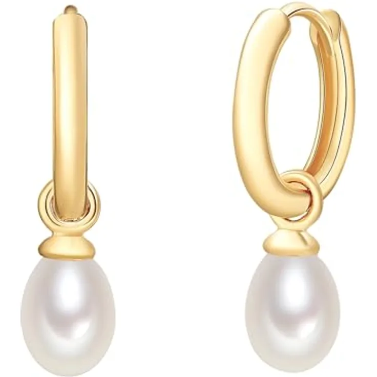 Valero Pearls Damen Creolen, 925/- Sterling Silber gelbvergoldet mit weißen Süßwasser-Zuchtperlen, abnehmbar, Klappbügel