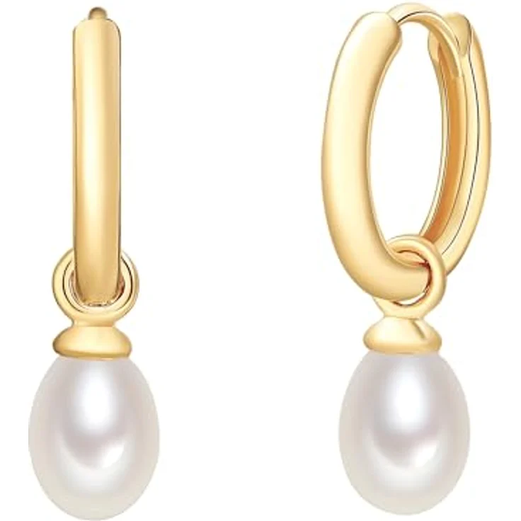 Valero Pearls Damen Creolen, 925/- Sterling Silber gelbvergoldet mit weißen Süßwasser-Zuchtperlen, abnehmbar, Klappbügel – Bild 1