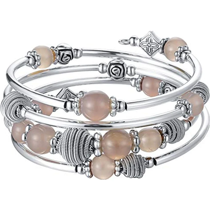Bulinlin Silber Wickelarmband mit Naturstein Perlen, Boho Mehrschichtiges Damen Armband, Agate Grey, perfektes Modegeschenk – Bild 1