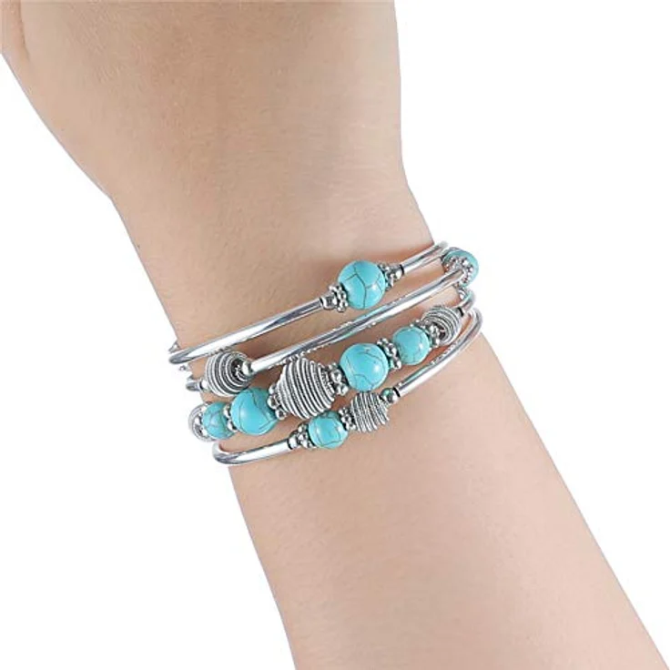 Bulinlin Silber Wickelarmband mit Naturstein Perlen, Mehrschichtiges Boho Damenarmband in Türkis - Umweltmaterialien, Geschenkbox, flexibles Wraparound-Design – Bild 4