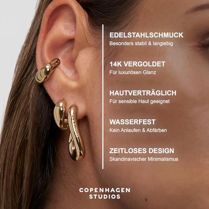 COPENHAGEN STUDIOS Organics Studs, Damen-Ohrstecker aus 14K vergoldetem Edelstahl, gold, wasserfest & hautfreundlich, 17 mm Durchmesser – Bild 3
