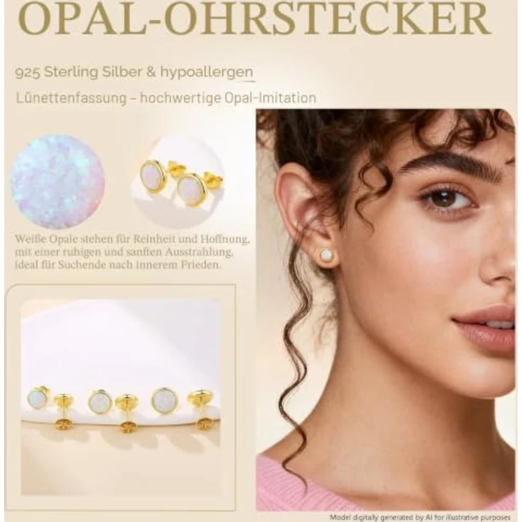 Jiahanzb Opal Ohrringe 925 Sterling Silber Runde Ohrstecker, weiße hypoallergene Ohrringe Stecker Schmuck für Damen, 8 mm, vergoldet – Bild 5