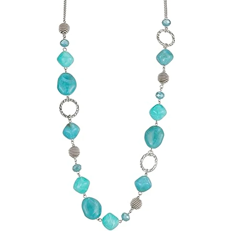 Bulinlin Silber Perplen Langkette für Damen, Boho Statement Chain Halskette in Dunkel Hell Türkis, 35+3 Zoll, langlebig und nickelfrei, ideales Geburtstagsgeschenk – Bild 1