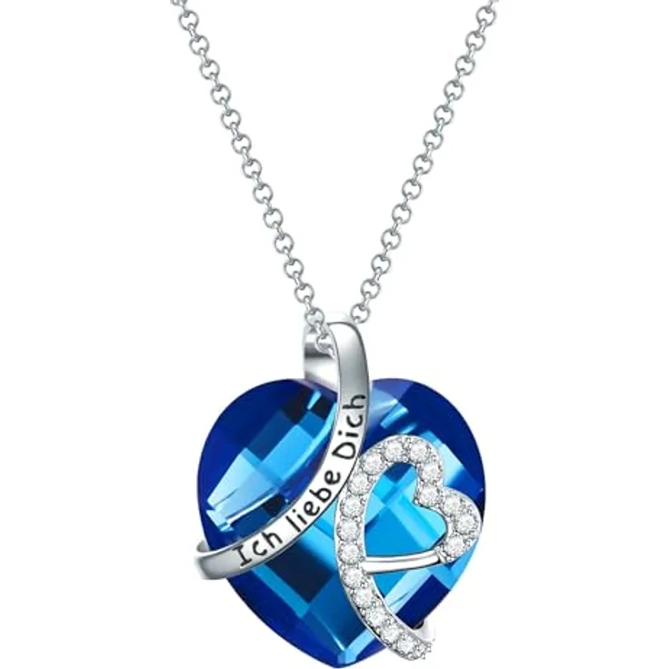 Rafaela Donata Damen Halskette mit Herz Anhänger, Messing, Zirkonia, blaues Glas, 42 cm, ICH LIEBE DICH