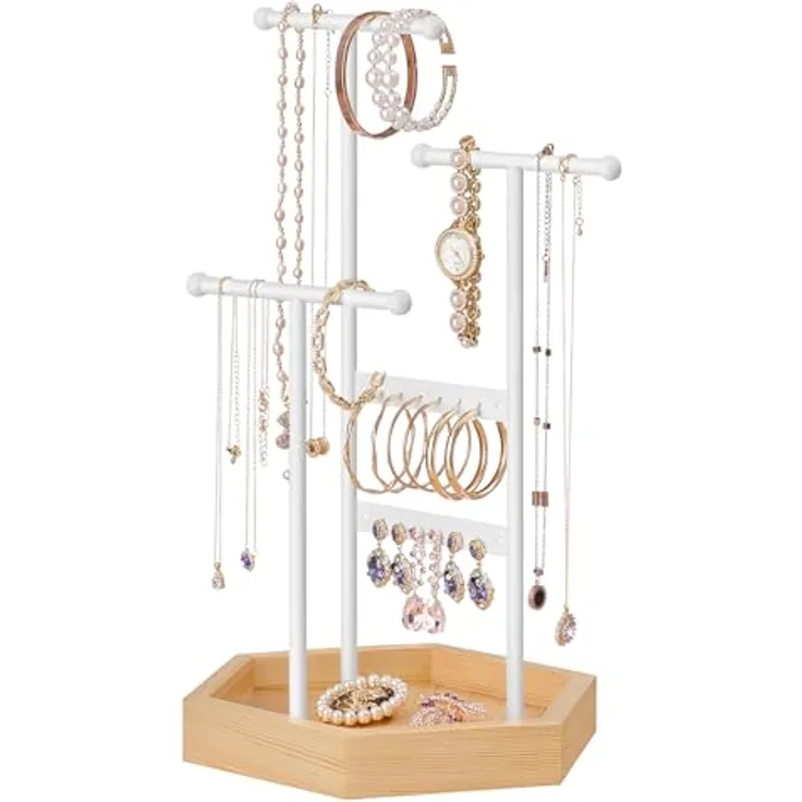SONGMICS Schmuckständer JJS03NW, Schmuckhalter mit 4 Bereichen, Metall, für Ohrringe, Halsketten und Armbänder, weiß-naturbeige