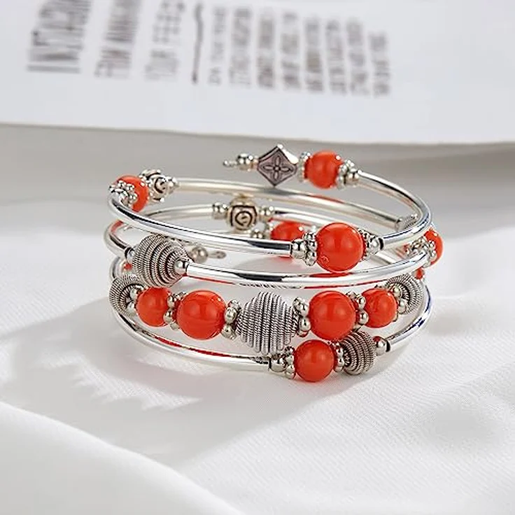 Bulinlin Silber Wickelarmband mit Naturstein Perlen, Boho Mehrschichtiges Damen Armband, Orange, Geschenkbox für Geburtstage – Bild 4