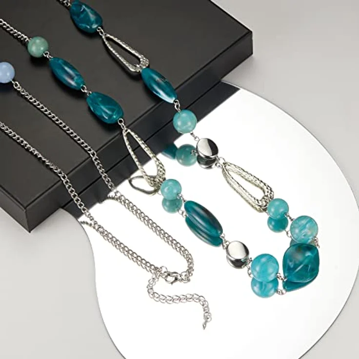 FULU AUTUMN Lange Perlenkette Damen Boho Statement Schmuck, 35 Zoll in Sea Green, handgefertigt aus Glas und Kristall, hypoallergen – Bild 3