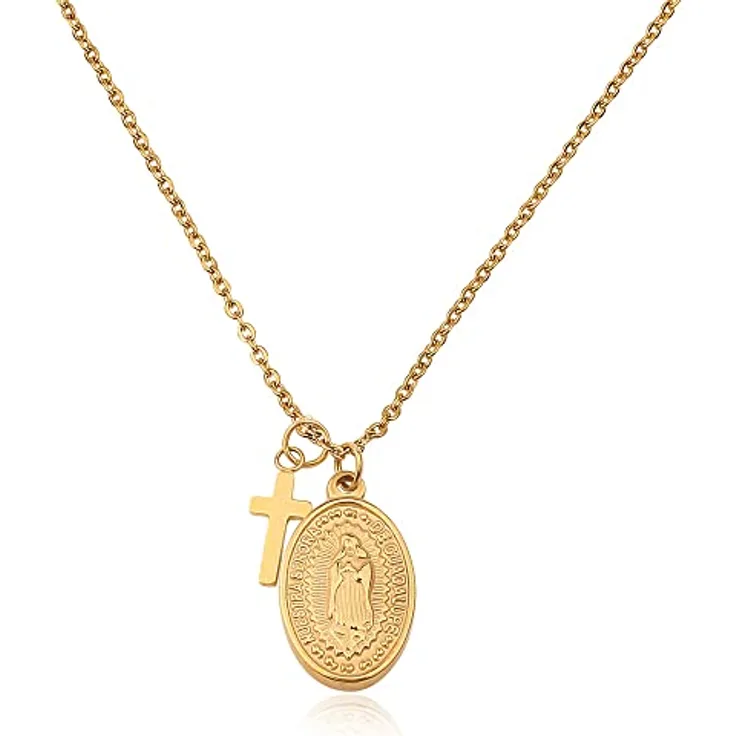 GD GOOD.designs Maria Kette in Gold für Damen, Wasserfest mit Madonna Anhänger und Kreuz, Größenverstellbar 40+5cm aus Edelstahl