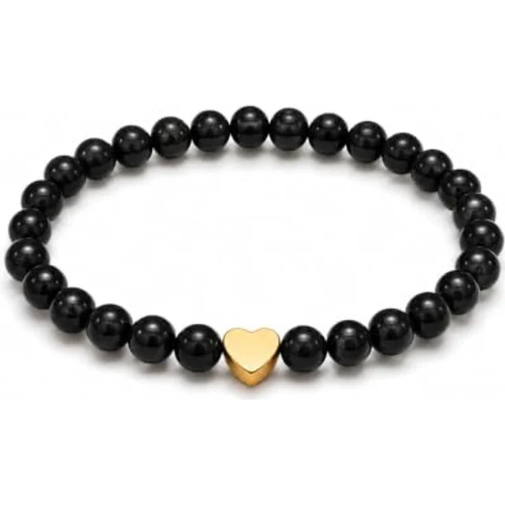 GD GOOD.designs Edelstein Turmalin Armband, 18K vergoldetes Edelstahl Herz, elastisch, 15–19 cm, wasserfest, mit 6 mm Natursteinperlen, inkl. Schmuckbeutel – Bild 1