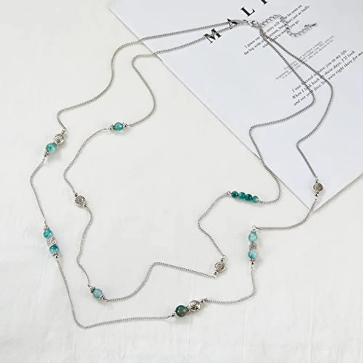 Bulinlin Damen Lange Perlen Kette, Statement Halskette mit Silber Anhänger, 36,5 Zoll, Jade green – Bild 4