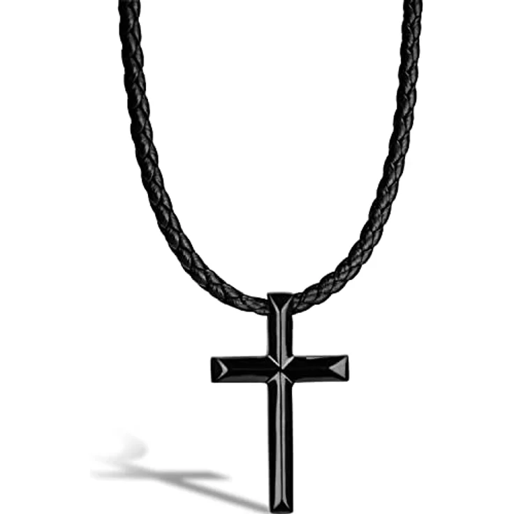 SERASAR Lederkette Herren mit Kreuz Anhänger, 50cm schwarz, Echtleder Schmuckschatulle als Geschenk – Bild 1