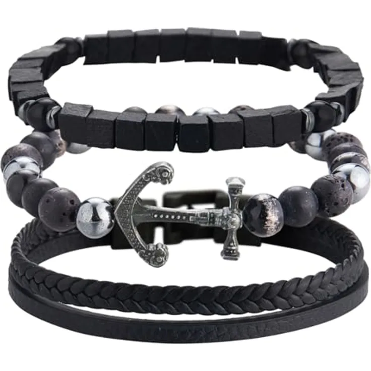 Dazylleco 3 Stück Herren-Perlenarmband Set, Naturstein Armband aus Tigerauge, Vulkanstein und Achat, Schwarz Edelstahl und Leder, verstellbar, ideales Herren Geschenk für Vatertag