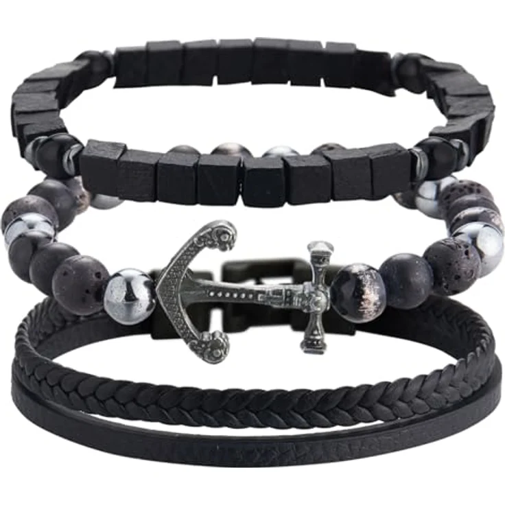 Dazylleco 3 Stück Herren-Perlenarmband Set, Naturstein Armband aus Tigerauge, Vulkanstein und Achat, Schwarz Edelstahl und Leder, verstellbar, ideales Herren Geschenk für Vatertag – Bild 1