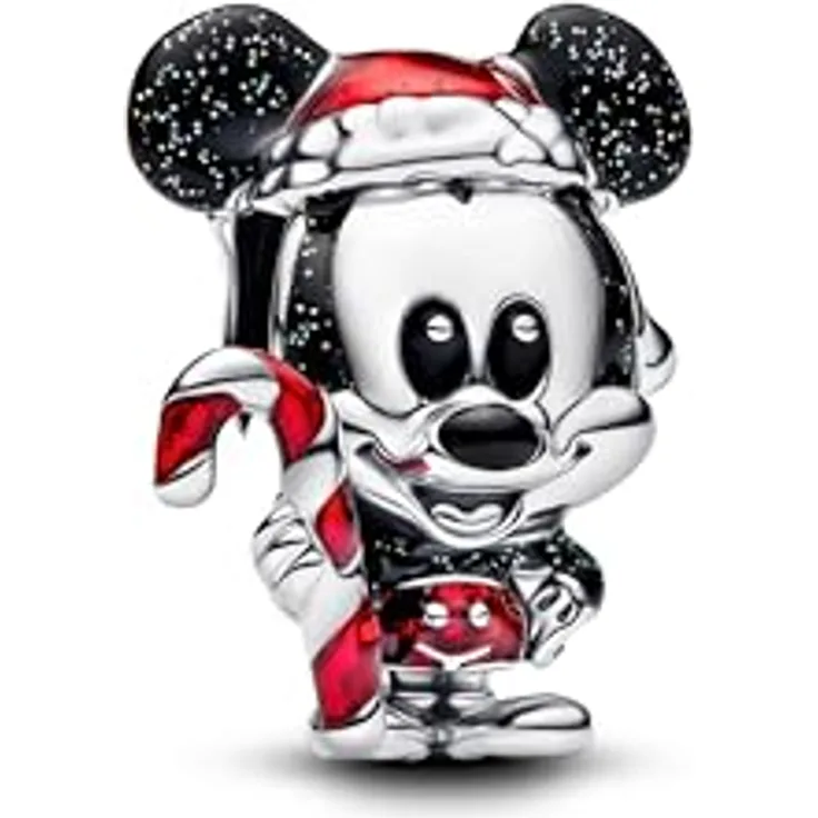 PANDORA Moments Disney Micky Maus Weihnachten Charm, Sterling-Silber mit Weihnachtsmannhut und Zuckerstange, 794217C01
