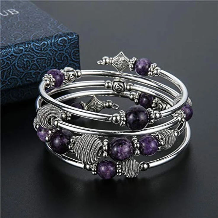 Bulinlin Silber Wickelarmband mit Naturstein Perlen, Boho Mehrschichtiges Damen Armband, Geburtstags Modegeschenk für Frauen, lila – Bild 3