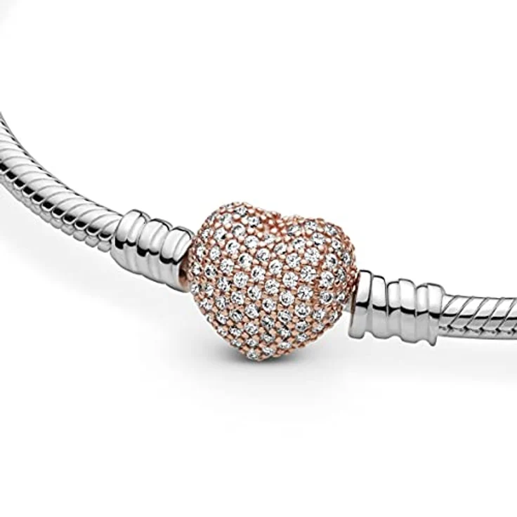 PANDORA Pavé-Herz-Verschluss Schlangen-Gliederarmband, Sterling-Silber mit 14 Karat rosévergoldeter Metalllegierung und Cubic Zirkonia, 18cm, Moments Collection – Bild 4