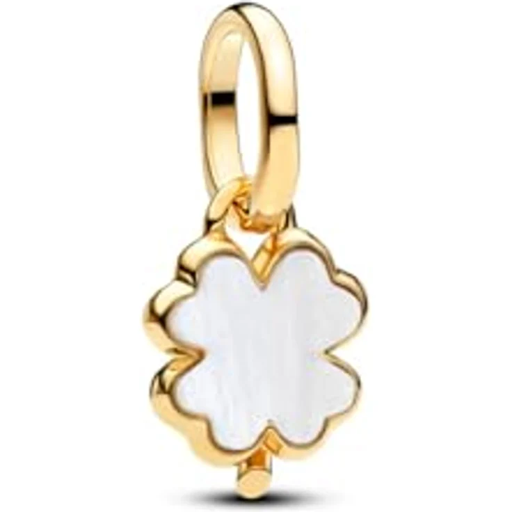 PANDORA Charm Weißer Glücksklee Anhänger, 14 Karat Vergoldung mit Perlmutt Optik und Cubic Zirkonia, kompatibel mit Moments, 764564C01 – Bild 1