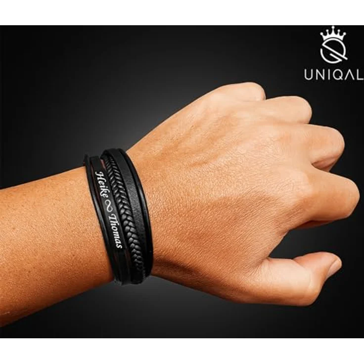 Q UNIQAL STORE GERMANY UNIQAL Personalisiertes Lederarmband mit Gravur "SHAPE" für Herren und Damen, Magnetverschluss, Echtes Rindsleder, Schwarze Platte, 21 cm – Bild 3