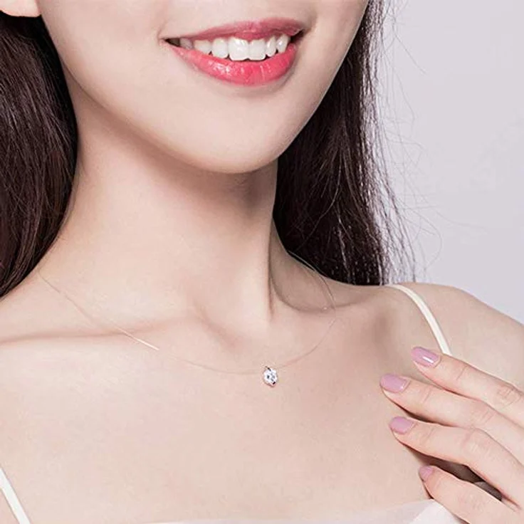 Belons 925 Sterling Silber Halskette mit 8mm Zirkonia Anhänger, unsichtbare Nylonkette Choker für Damen, 43.5cm Länge – Bild 4