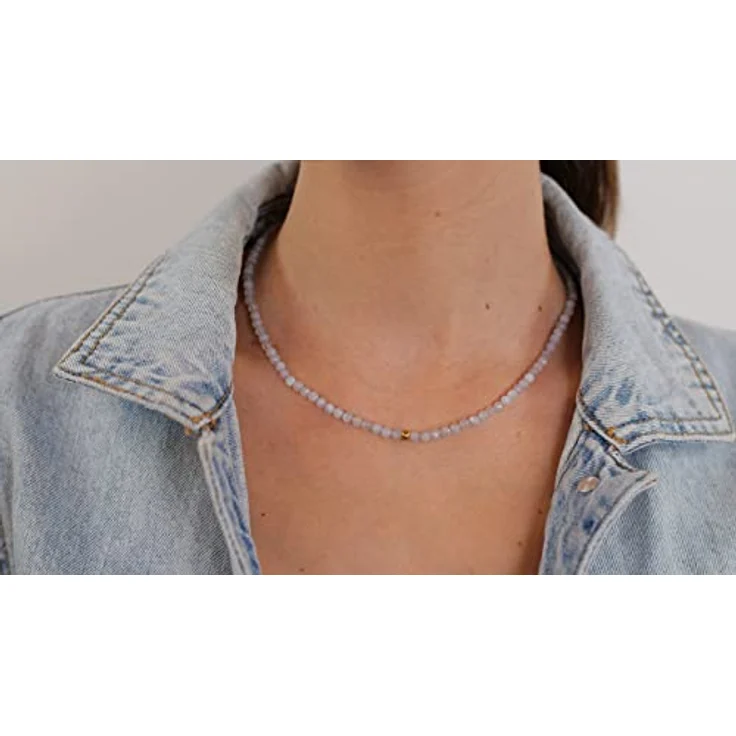 BERGERLIN Chalcedon Halskette, echte weiße Naturstein-Kette mit vergoldetem Verschluss, Größe XS-S (40-45cm) – Bild 5