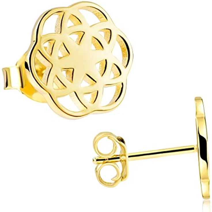 Materia Blumen Ohrringe Gold Stecker, Lebensblume vergoldet aus 925 Sterling Silber, flach und leicht, HOCHWERTIGE Geschenkidee für Damen – Bild 1