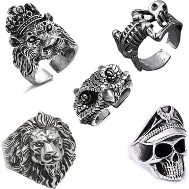 yolzhxe 5 Stück Totenkopf-Herrenringe, Verstellbares Edelstahl Gothic Ring Set mit Retro Punk Rock Designs für Halloween und Mottopartys