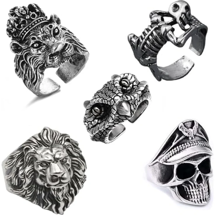 yolzhxe 5 Stück Totenkopf-Herrenringe, Verstellbares Edelstahl Gothic Ring Set mit Retro Punk Rock Designs für Halloween und Mottopartys – Bild 1